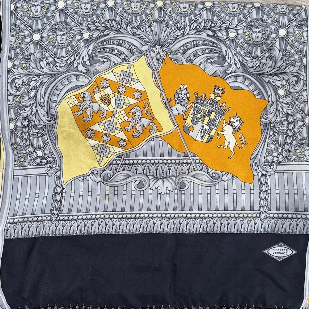 Versace Black Gray Gold Yellow Crest Fringe Scarf